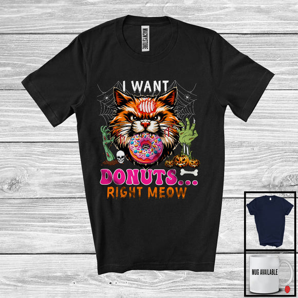 MacnyStore - I Want Donuts Right Meow, Humorous Halloween Costume Zombie Cat Face, Food Animal Lover T-Shirt