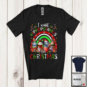 MacnyStore - I Want Hippopotamus; Wonderful Christmas Santa Hippo With Hot Coffee; Rainbow Animal Lover T-Shirt