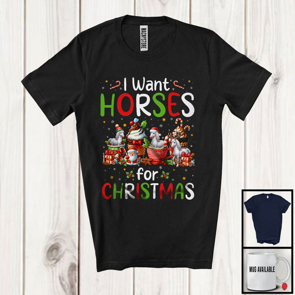 MacnyStore - I Want Horses; Wonderful Christmas Santa Horse With Hot Coffee; Animal Lover X-mas Group T-Shirt