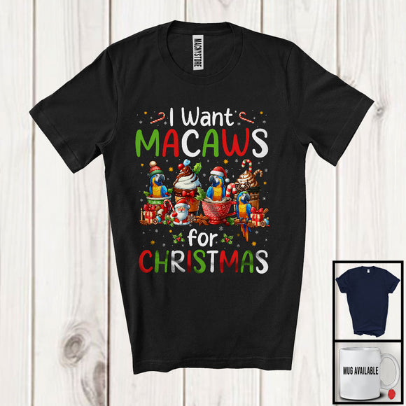 MacnyStore - I Want Macaws; Wonderful Christmas Santa Macaw With Hot Coffee; Animal Lover X-mas Group T-Shirt