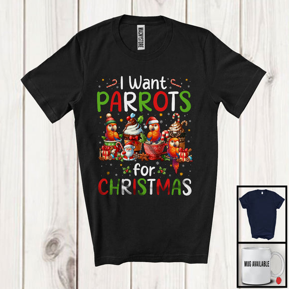 MacnyStore - I Want Parrots; Wonderful Christmas Santa Parrot With Hot Coffee; Animal Lover X-mas Group T-Shirt