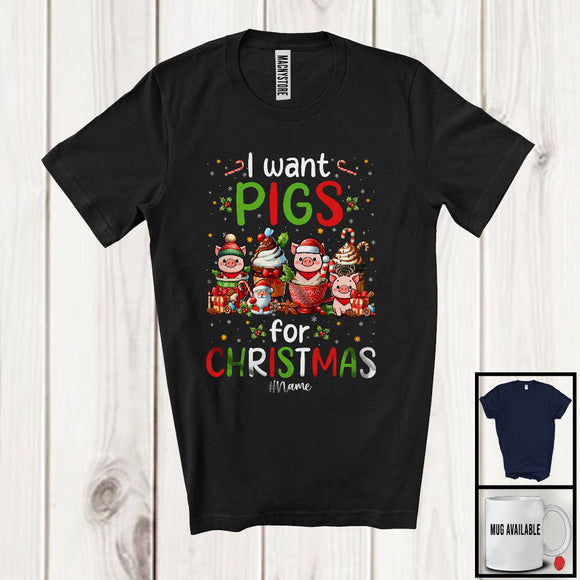 MacnyStore - I Want Pigs; Wonderful Christmas Santa Pig With Hot Coffee; Animal Lover X-mas Group 2 T-Shirt