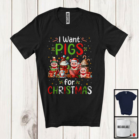 MacnyStore - I Want Pigs; Wonderful Christmas Santa Pig With Hot Coffee; Animal Lover X-mas Group T-Shirt