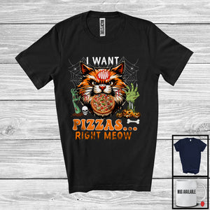 MacnyStore - I Want Pizzas Right Meow, Humorous Halloween Costume Zombie Cat Face, Food Animal Lover T-Shirt
