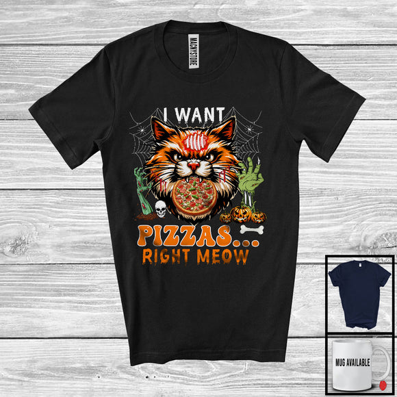 MacnyStore - I Want Pizzas Right Meow, Humorous Halloween Costume Zombie Cat Face, Food Animal Lover T-Shirt