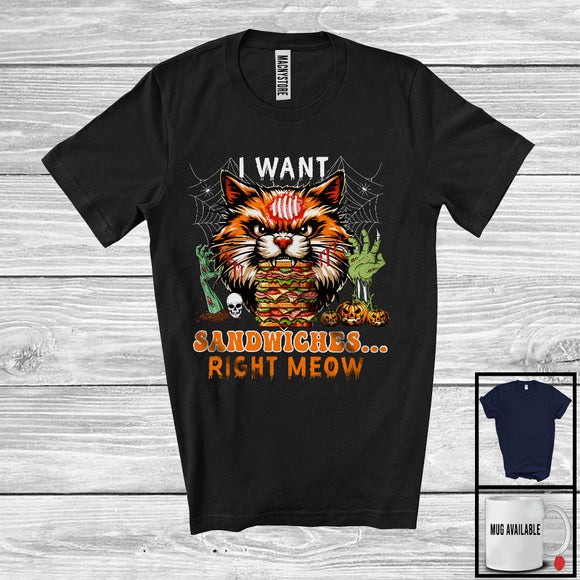MacnyStore - I Want Sandwiches Right Meow, Humorous Halloween Costume Zombie Cat Face, Food Animal Lover T-Shirt