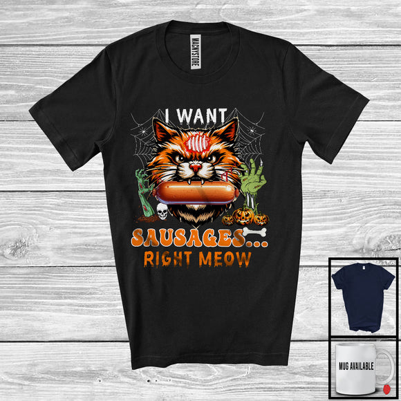 MacnyStore - I Want Sausages Right Meow, Humorous Halloween Costume Zombie Cat Face, Food Animal Lover T-Shirt