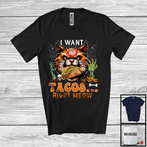MacnyStore - I Want Taco Right Meow, Humorous Halloween Costume Zombie Cat Face, Food Animal Lover T-Shirt