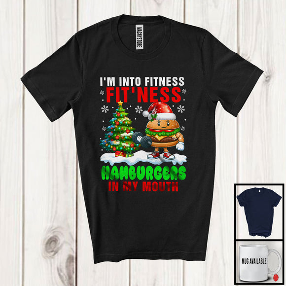 MacnyStore - I'm Into Fitness Fit'ness Hamburgers In My Mouth, Humorous Christmas Santa Food Workout Lover T-Shirt