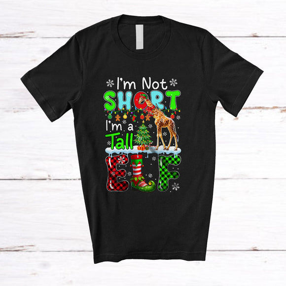 MacnyStore - I'm Not Short I'm a Tall Elf; Lovely Christmas Plaid Elf Giraffe; X-mas Lights Animal Lover T-Shirt