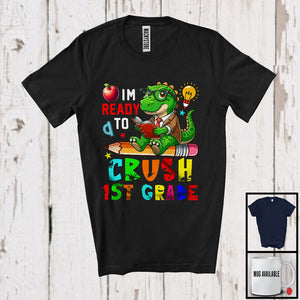 MacnyStore - I'm Ready To Crush 1st Grade, Lovely First Day Of School T-Rex Reading Books, Dinosaur T-Shirt