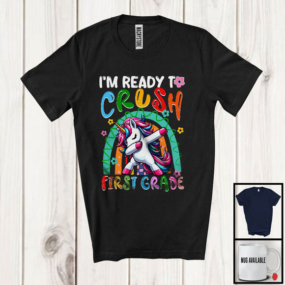 MacnyStore - I'm Ready To Crush First Grade, Adorable First Day Of School Dabbing Unicorn, Rainbow Flowers T-Shirt