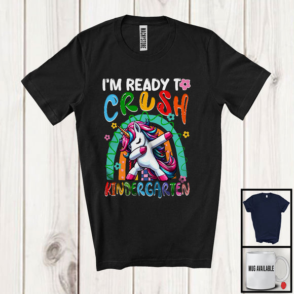MacnyStore - I'm Ready To Crush Kindergarten, Adorable First Day Of School Dabbing Unicorn, Rainbow Flowers T-Shirt
