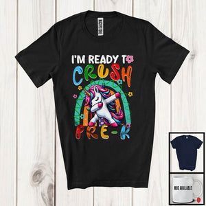 MacnyStore - I'm Ready To Crush Pre-K, Adorable First Day Of School Dabbing Unicorn, Rainbow Flowers T-Shirt