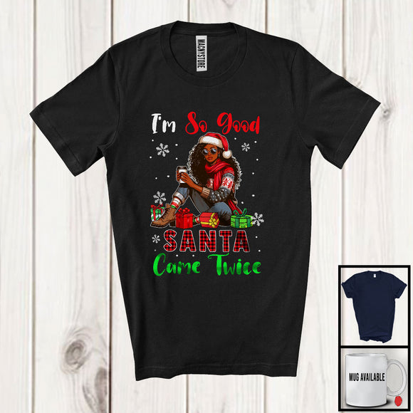 MacnyStore - I'm So Good Santa Came Twice; Sarcastic Christmas Adult Santa Afro African Girl; X-mas Plaid T-Shirt