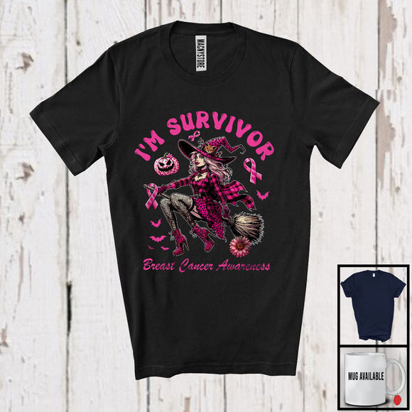 MacnyStore - I'm Survivor Beast Cancer Awareness; Sarcastic Halloween Plaid Leopard Witch; Pink Ribbon T-Shirt