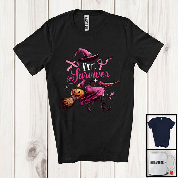 MacnyStore - I'm Survivor; Awesome Halloween Witch Lover; Breast Cancer Awareness Pink Ribbon Pumpkin T-Shirt