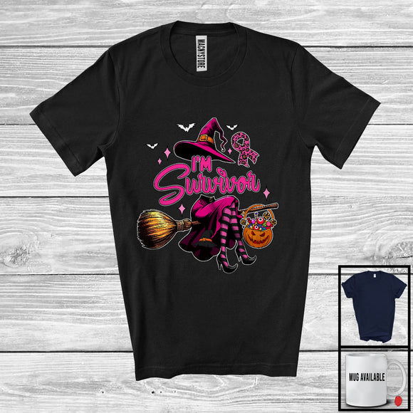 MacnyStore - I'm Survivor; Lovely Halloween Breast Cancer Awareness Witch; Pink Ribbon Leopard Candy T-Shirt