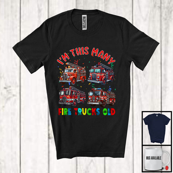 MacnyStore - I'm This Many Fire Trucks Old; Cheerful 4th Birthday Four Fire Trucks; Boys Family Group T-Shirt