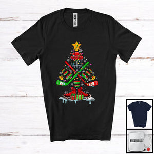 MacnyStore - Ice Hockey Equipment As X-mas Tree; Cheerful Christmas Lights Hockey Player; Sport Team T-Shirt