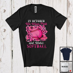 MacnyStore - In October We Wear Pink Softball; Joyful Breast Cancer Sport Player; Leopard Sunflowers T-Shirt