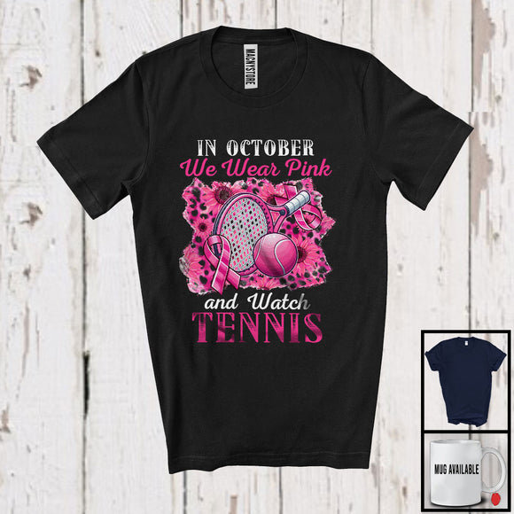 MacnyStore - In October We Wear Pink Tennis; Joyful Breast Cancer Awareness Sport Player; Leopard Sunflowers T-Shirt