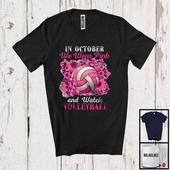 MacnyStore - In October We Wear Pink Volleyball; Joyful Breast Cancer Sport Player; Leopard Sunflowers T-Shirt