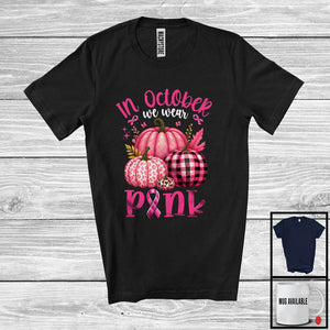 MacnyStore - In October We Wear Pink; Adorable Breast Cancer Awareness Ribbon; Pink Plaid Leopard Pumpkin T-Shirt