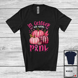 MacnyStore - In October We Wear Pink; Adorable Breast Cancer Awareness Ribbon; Pink Plaid Leopard Pumpkin T-Shirt