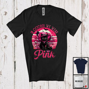 MacnyStore - In October We Wear Pink; Adorable Breast Cancer Halloween Pink Witch Cat; Animal Lover T-Shirt