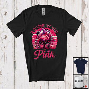 MacnyStore - In October We Wear Pink; Adorable Breast Cancer Halloween Pink Witch Flamingo; Animal Lover T-Shirt