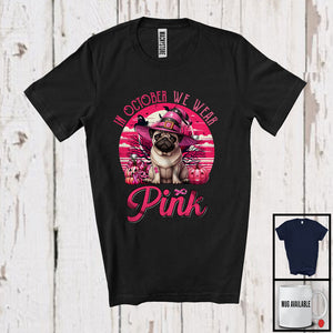 MacnyStore - In October We Wear Pink; Adorable Breast Cancer Halloween Pink Witch Pug; Animal Lover T-Shirt