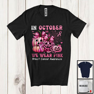 MacnyStore - In October We Wear Pink; Lovely Breast Cancer Awareness Halloween; Leopard Plaid Pumpkins T-Shirt