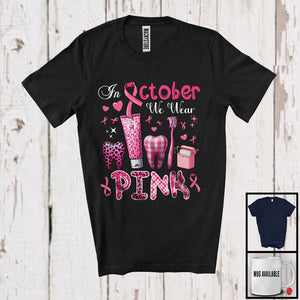 MacnyStore - In October We Wear Pink; Lovely Breast Cancer Awareness Pink Leopard Plaid Tooth; Dental Dentist T-Shirt