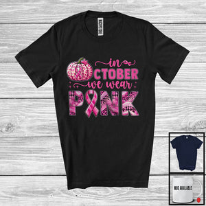 MacnyStore - In October We Wear Pink; Lovely Breast Cancer Awareness Pink Ribbon; Leopard Plaid Pumpkin T-Shirt