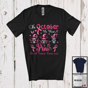 MacnyStore - In October We Wear Pink; Lovely Breast Cancer Awareness Pink Three Witch Skulls; Family T-Shirt