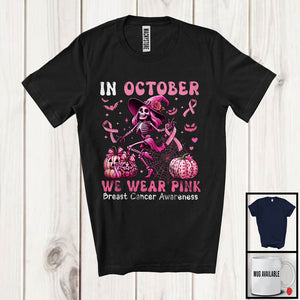 MacnyStore - In October We Wear Pink; Lovely Breast Cancer Halloween Ribbon Dancing Skeleton; Pumpkin T-Shirt