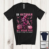 MacnyStore - In October We Wear Pink; Lovely Breast Cancer Halloween Ribbon Dancing Skeleton; Pumpkin T-Shirt