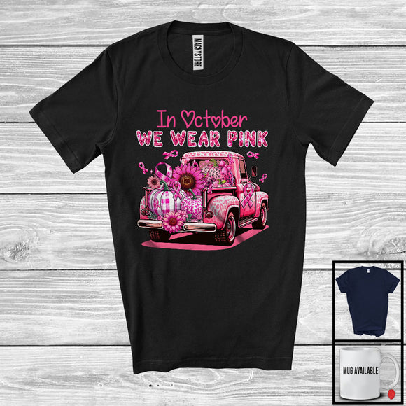 MacnyStore - In October We Wear Pink; Lovely Breast Cancer Leopard Pickup Truck; Pink Ribbon Plaid Pumpkin T-Shirt