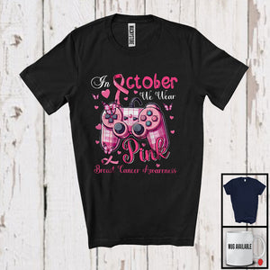 MacnyStore - In October We Wear Pink; Proud Breast Cancer Awareness Game Controller Butterflies Leopard Plaid T-Shirt