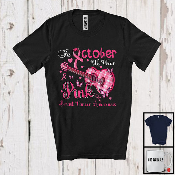 MacnyStore - In October We Wear Pink; Proud Breast Cancer Awareness Guitar Butterflies Leopard Plaid T-Shirt