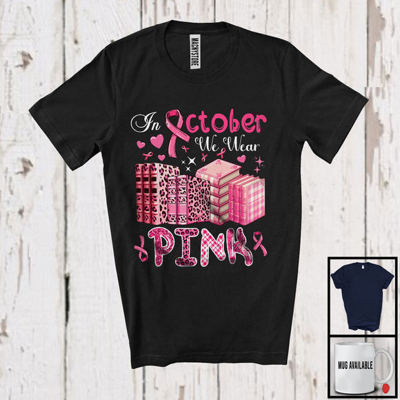 MacnyStore - In October We Wear Pink; Proud Breast Cancer Awareness Librarian Tools Leopard Plaid T-Shirt