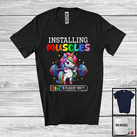 MacnyStore - Installing Muscles; Adorable Unicorn Workout Gym Fitness Weightlifting Girl; Unicorn Lover T-Shirt