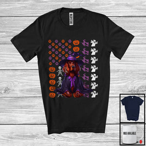 MacnyStore - Irish Setter Witch On American Flag, Adorable Halloween Pumpkin Paws, Patriotic Group T-Shirt