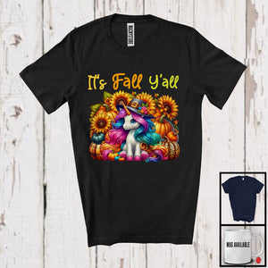 MacnyStore - It's Fall Y'all; Wonderful Thanksgiving Unicorn Leopard Plaid Pumpkin; Sunflowers Family Group T-Shirt