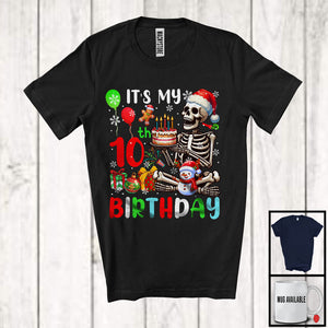 MacnyStore - It's My 10th Birthday; Joyful 10th Birthday Celebration Christmas Skeleton Santa; Family Group T-Shirt