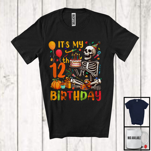 MacnyStore - It's My 12th Birthday; Joyful 12th Birthday Celebration Thanksgiving Skeleton; Family Group T-Shirt