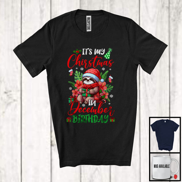 MacnyStore - It's My Christmas In December Birthday, Adorable X-mas Santa Sloth Animal, Matching Family Group T-Shirt