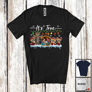 MacnyStore - It's True Story; Awesome Christmas Lights Leopard Plaid Cross Jesus; Snowing Family T-Shirt