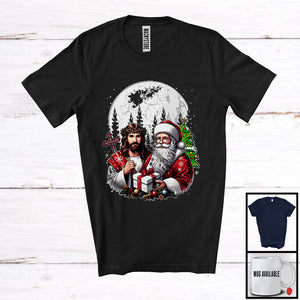 MacnyStore - Jesus And Santa As Friends; Awesome Christmas Moon Tree Plaid Cross; X-mas Family Group T-Shirt